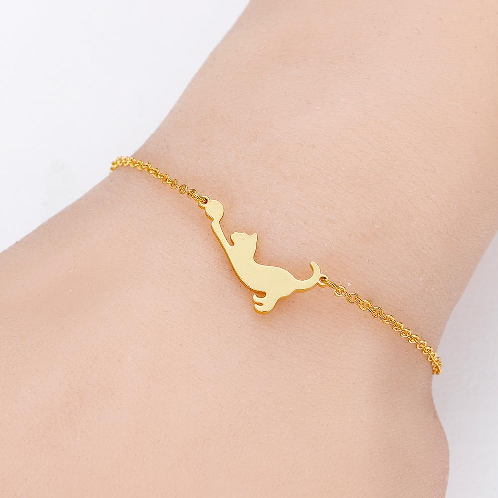 Chandler Playing Ball Cat Bracelet Stainless Steel Lovely Animal Pet Lovers Gifts Link Chain Cuff Plusea Foot Anklet Summer Jew