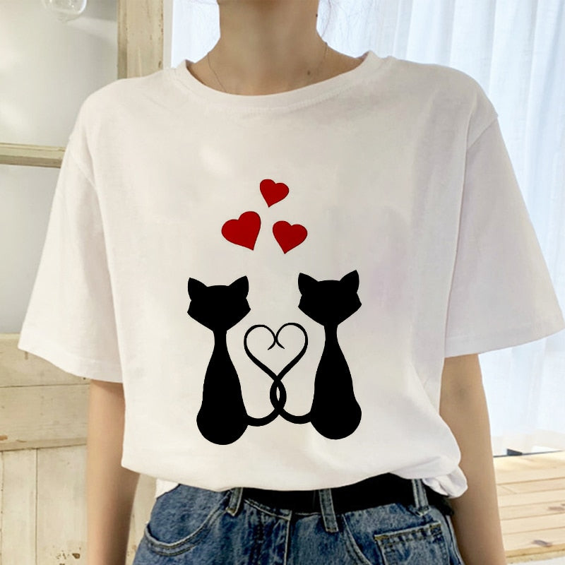 2019 New Summer T shirt Women Love cat printed t-shirt Tops clothes Fashion Cool tshirt female Harajuku Thin section 0-neck Te