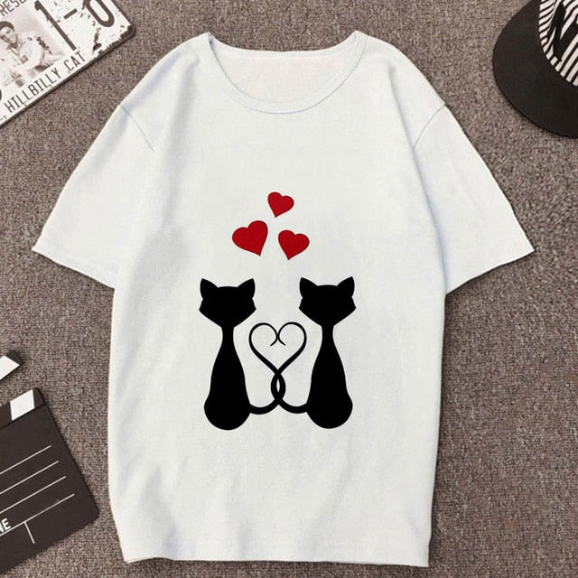 2019 New Summer T shirt Women Love cat printed t-shirt Tops clothes Fashion Cool tshirt female Harajuku Thin section 0-neck Te