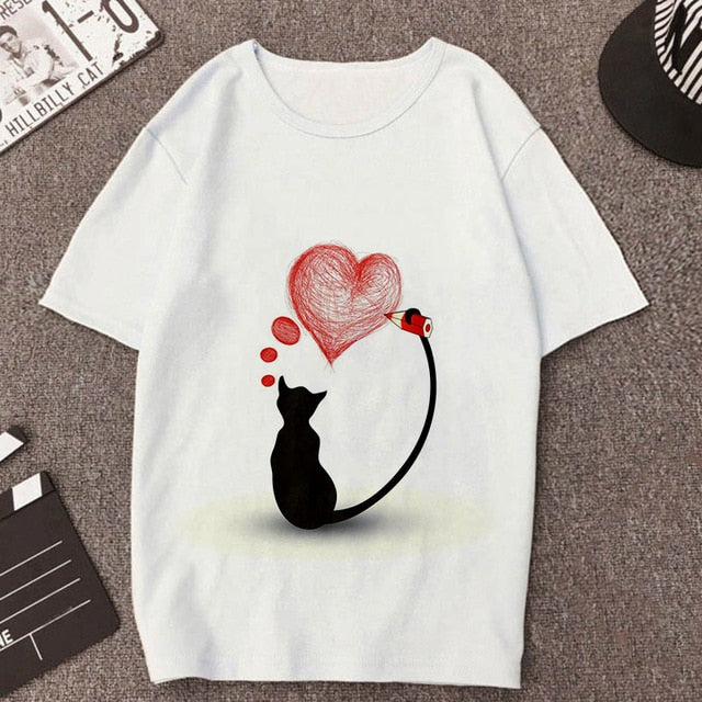 2019 New Summer T shirt Women Love cat printed t-shirt Tops clothes Fashion Cool tshirt female Harajuku Thin section 0-neck Te