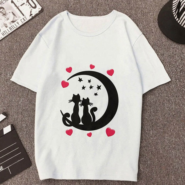 2019 New Summer T shirt Women Love cat printed t-shirt Tops clothes Fashion Cool tshirt female Harajuku Thin section 0-neck Te