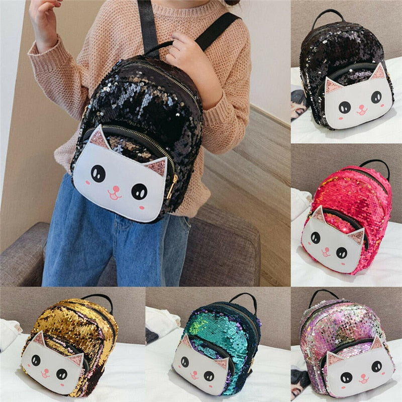 Hot Toddler Kid Girl Boy Cute Cat Sequined Backpack Shoulders Bag Outdoor Travel