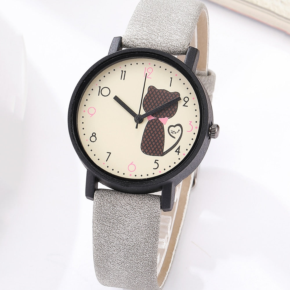 Cute Cat Printed Women Watches Matte Leather Band Quartz Wrist Watch Clock Ladies Girl Casual Sport Watches reloj mujer 2018