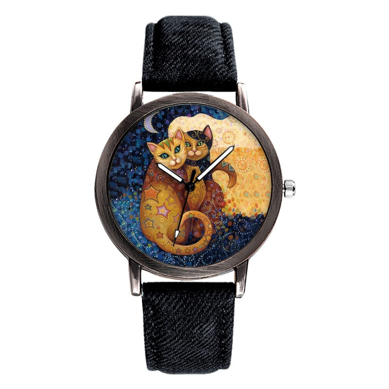Creative Couple Watches Clock Luxury Brand Quartz Wristwatches Cute Lover Cat Dial Women Watch Denim Band Girls Zegarek Damski