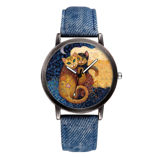 Creative Couple Watches Clock Luxury Brand Quartz Wristwatches Cute Lover Cat Dial Women Watch Denim Band Girls Zegarek Damski