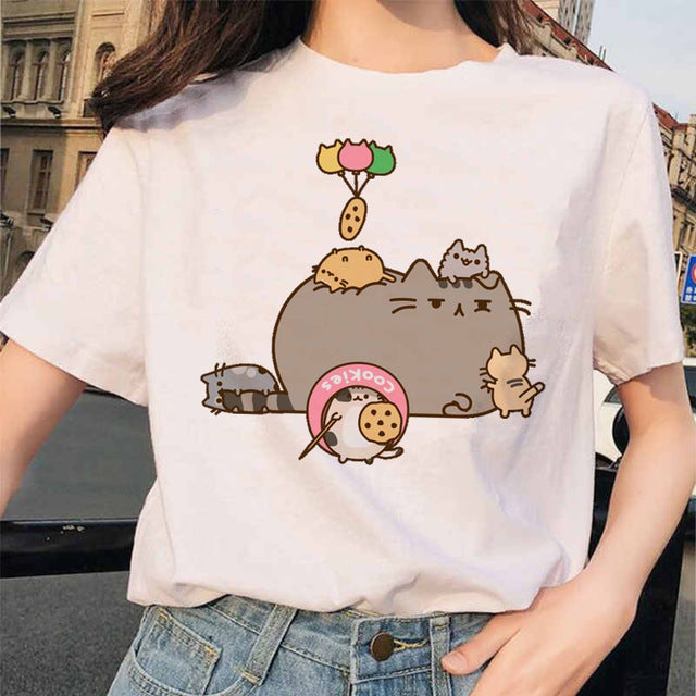 Pusheen Cat T Shirts Women Funny Graphic Cartoon Fashion Kawaii T-shirt Female Ullzang Cute 90s Korean Tshirt Top Tees Harajuku