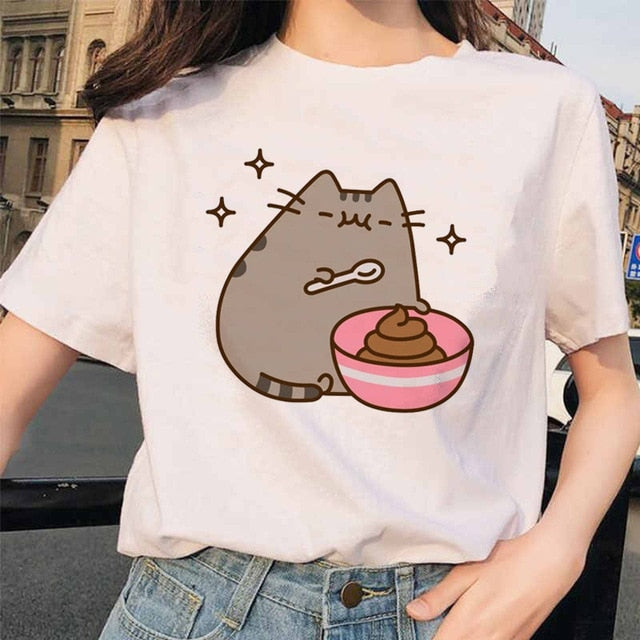 Pusheen Cat T Shirts Women Funny Graphic Cartoon Fashion Kawaii T-shirt Female Ullzang Cute 90s Korean Tshirt Top Tees Harajuku