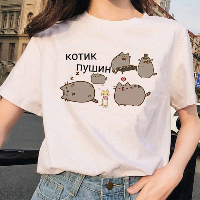 Pusheen Cat T Shirts Women Funny Graphic Cartoon Fashion Kawaii T-shirt Female Ullzang Cute 90s Korean Tshirt Top Tees Harajuku