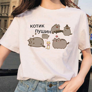 Pusheen Cat T Shirts Women Funny Graphic Cartoon Fashion Kawaii T-shirt Female Ullzang Cute 90s Korean Tshirt Top Tees Harajuku