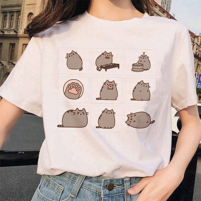 Pusheen Cat T Shirts Women Funny Graphic Cartoon Fashion Kawaii T-shirt Female Ullzang Cute 90s Korean Tshirt Top Tees Harajuku