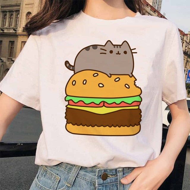 Pusheen Cat T Shirts Women Funny Graphic Cartoon Fashion Kawaii T-shirt Female Ullzang Cute 90s Korean Tshirt Top Tees Harajuku