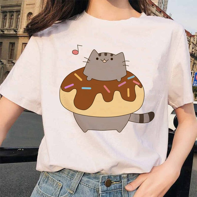 Pusheen Cat T Shirts Women Funny Graphic Cartoon Fashion Kawaii T-shirt Female Ullzang Cute 90s Korean Tshirt Top Tees Harajuku